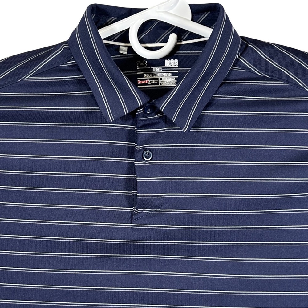 Under Armour HeatGear Mens Large Navy Blue White Striped Loose Fit Polo Shirt